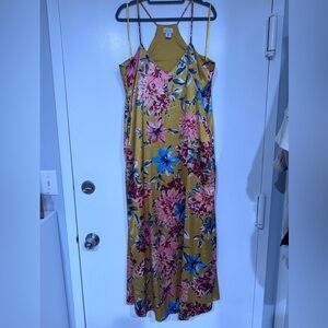 Nicole Miller Mustard Floral Maxi Slip Dress with Pink & Blue Blooms